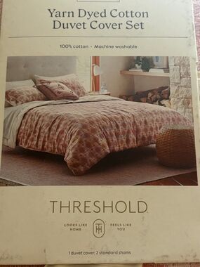 Threshold Yarn-Dyed Cotton Duvet Cover Set in Blush and Cream